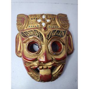 Vintage Thailand Hand Carved Wood Ceremonial Mask Embellished Wall Hanging Decor